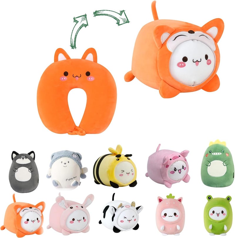 stocaggio Kids Travel Pillow - 2-in-1 Deformable Kids Neck Pillow for Traveling, Soft U-Shaped Pillow with Adorable Animal Design, Comfy Sleep and Play, Ideal for Airplanes and Traveling (QQ Orange Fox) - Image 1